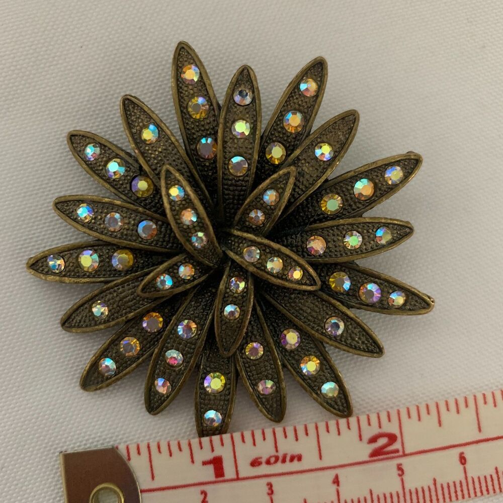 Vintage Sea Urchin Brooch N1,1980's Gold Iridescence Color Rhinestone Brooch - Picture 9 of 13